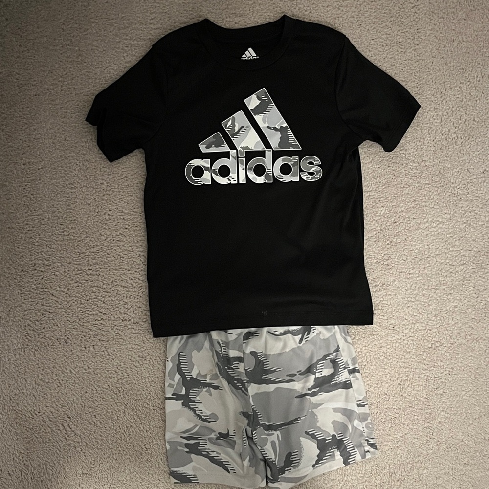 Adidas Black Tee and Gray Camo Shorts